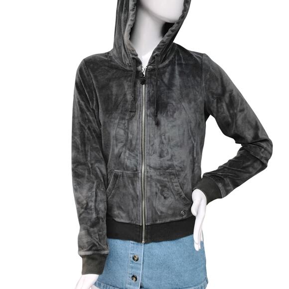 Hollister Velvet Hoodie Size Large Dark Gray Full Zipper Flawed Read Description - Picture 2 of 10